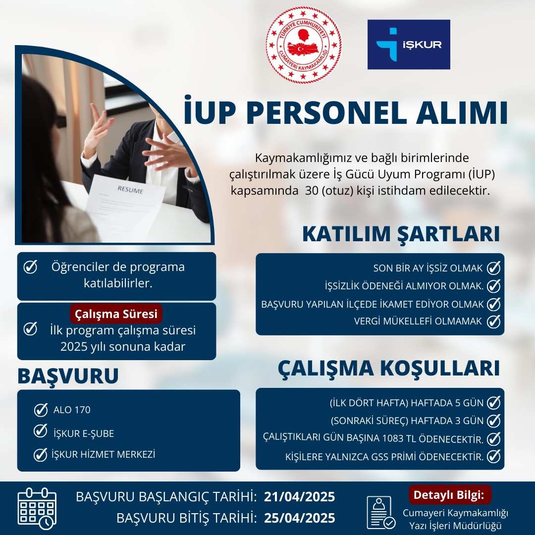 İş-Kur İUP Kapsamında Kaymakamlığımıza ve Bağlı Birimlerine 30 Kişi İstihdam Edilecektir.